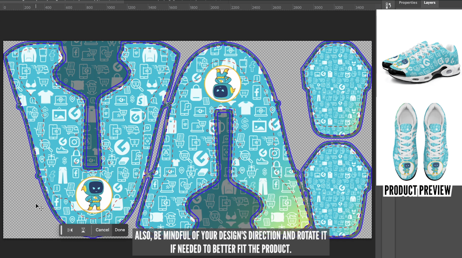 Completed shoe design mockup in Photoshop with preview of sneakers on the right side.
