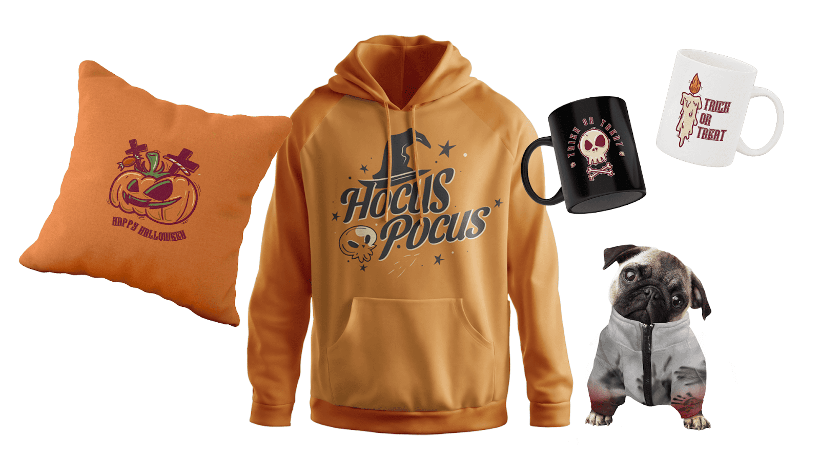 Halloween print-on-demand products including Hocus Pocus hoodie, pumpkin pillow, spooky mugs, and pet costume.