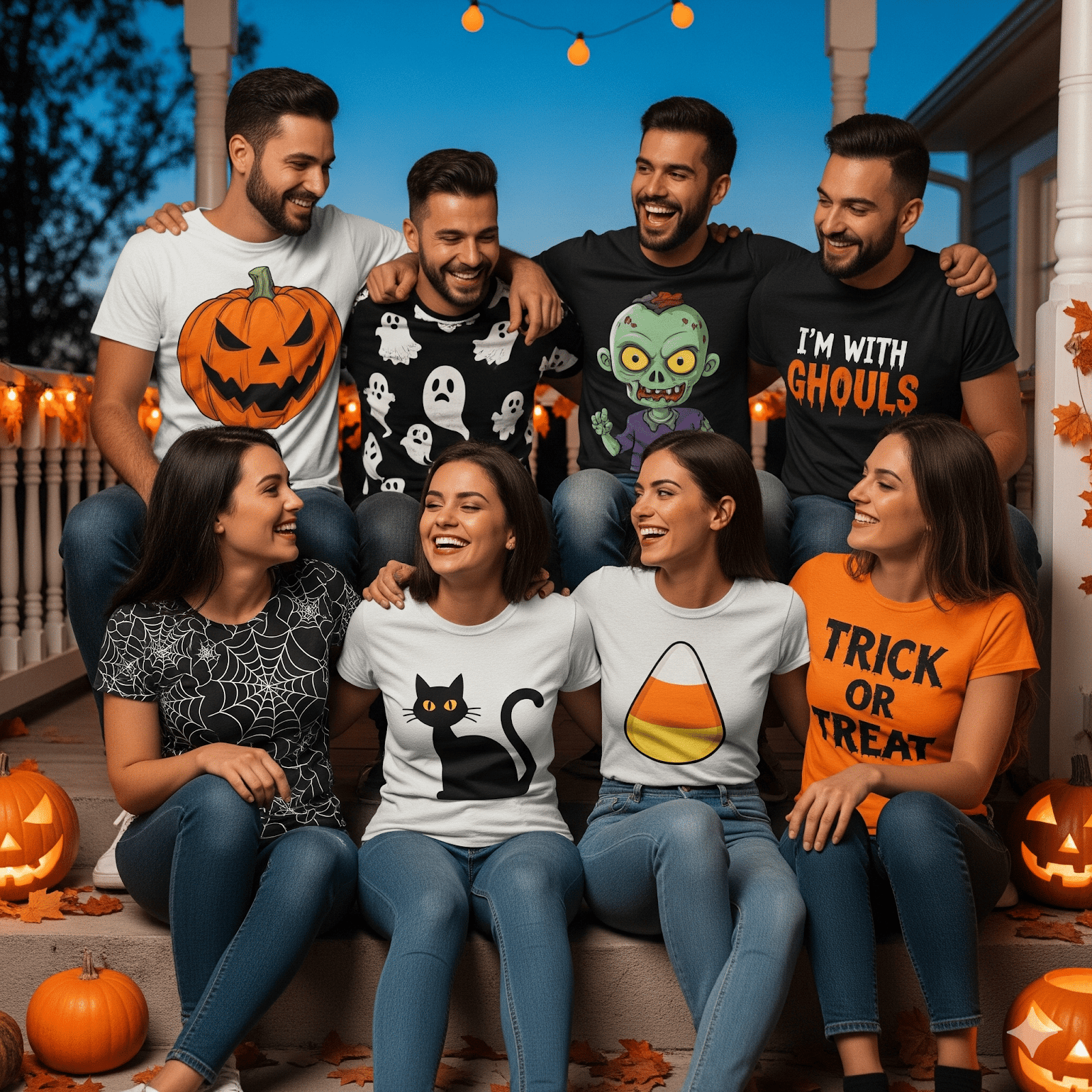 Group of friends wearing Halloween-themed T-shirts with pumpkins, ghosts, and candy corn, sitting on porch decorated with pumpkins.