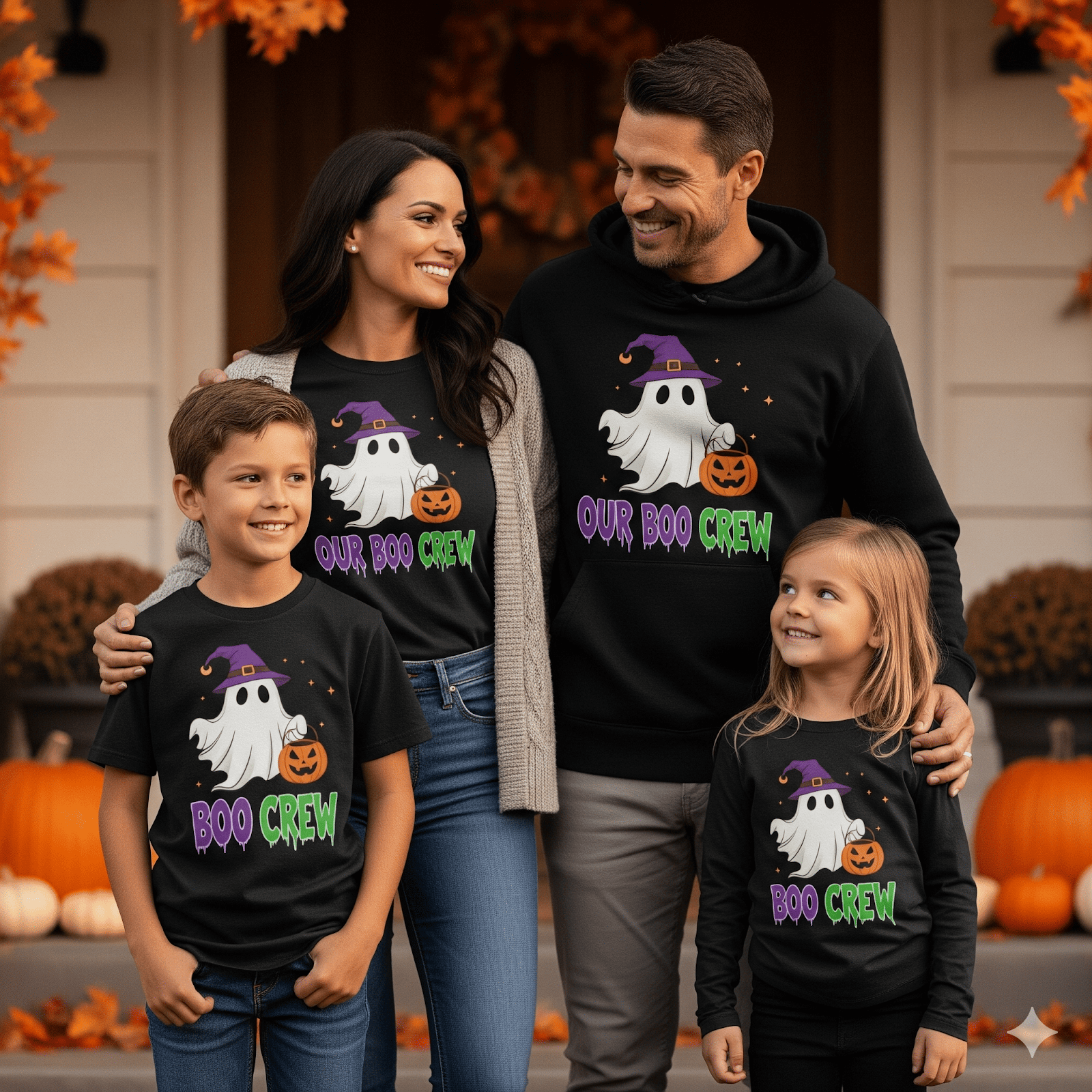 Happy family wearing matching Halloween shirts and hoodie with ghost and pumpkin design, standing outside decorated porch with pumpkins.