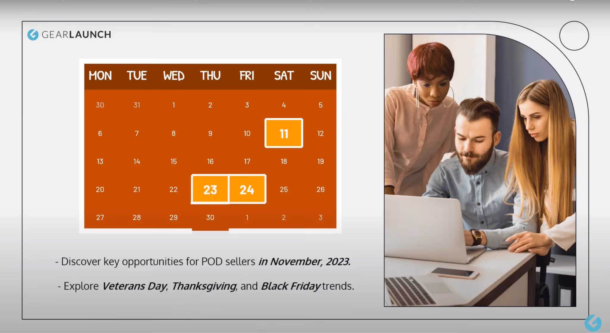 November 2023 calendar highlighting Veterans Day, Thanksgiving, and Black Friday alongside a team working on laptop.