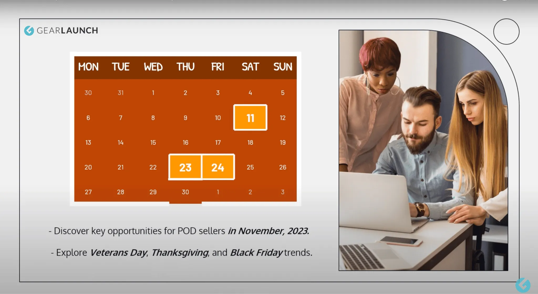 November 2023 calendar highlighting Veterans Day, Thanksgiving, and Black Friday alongside a team working on laptop.