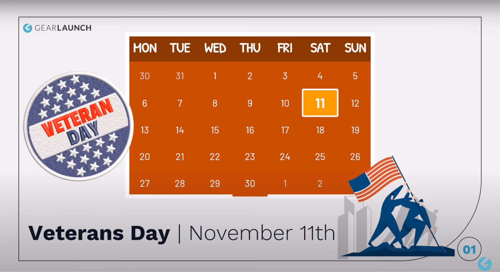 Calendar marking November 11 Veterans Day with illustration of soldiers raising U.S. flag.