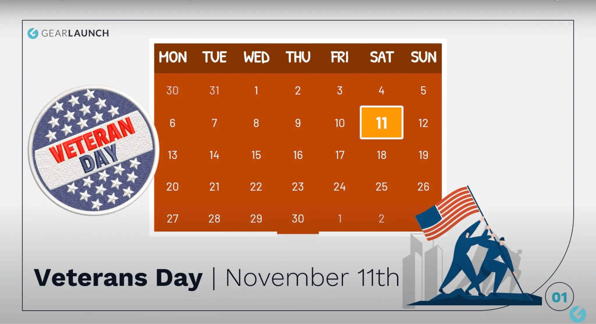 Calendar marking November 11 Veterans Day with illustration of soldiers raising U.S. flag.