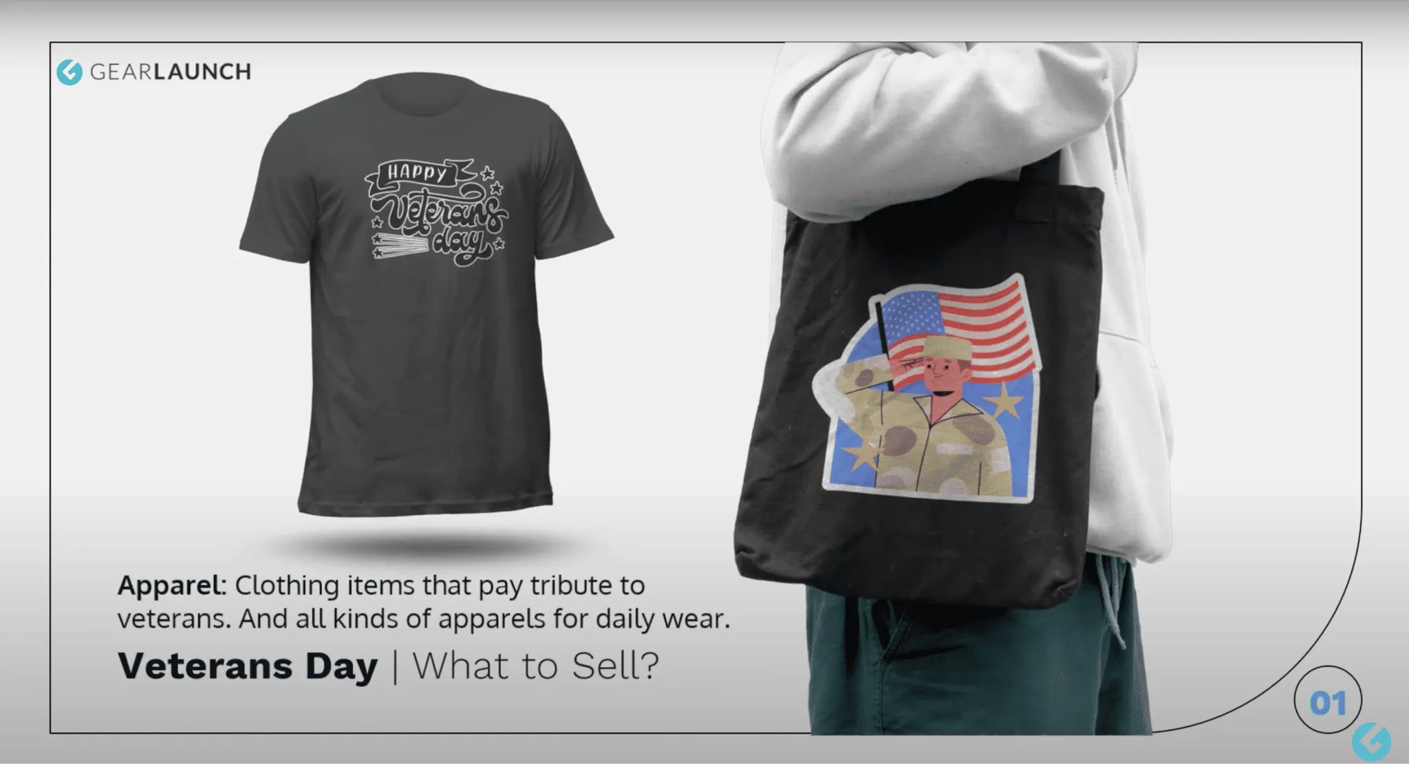 Veterans Day apparel mockups including black T-shirt with tribute design and tote bag with soldier illustration.