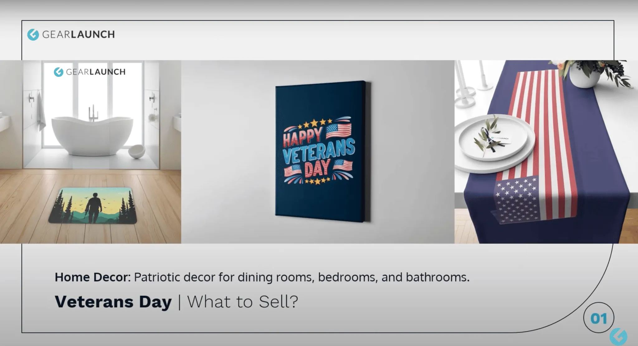 Patriotic Veterans Day home décor products including wall art, table runner, and bathroom mat.