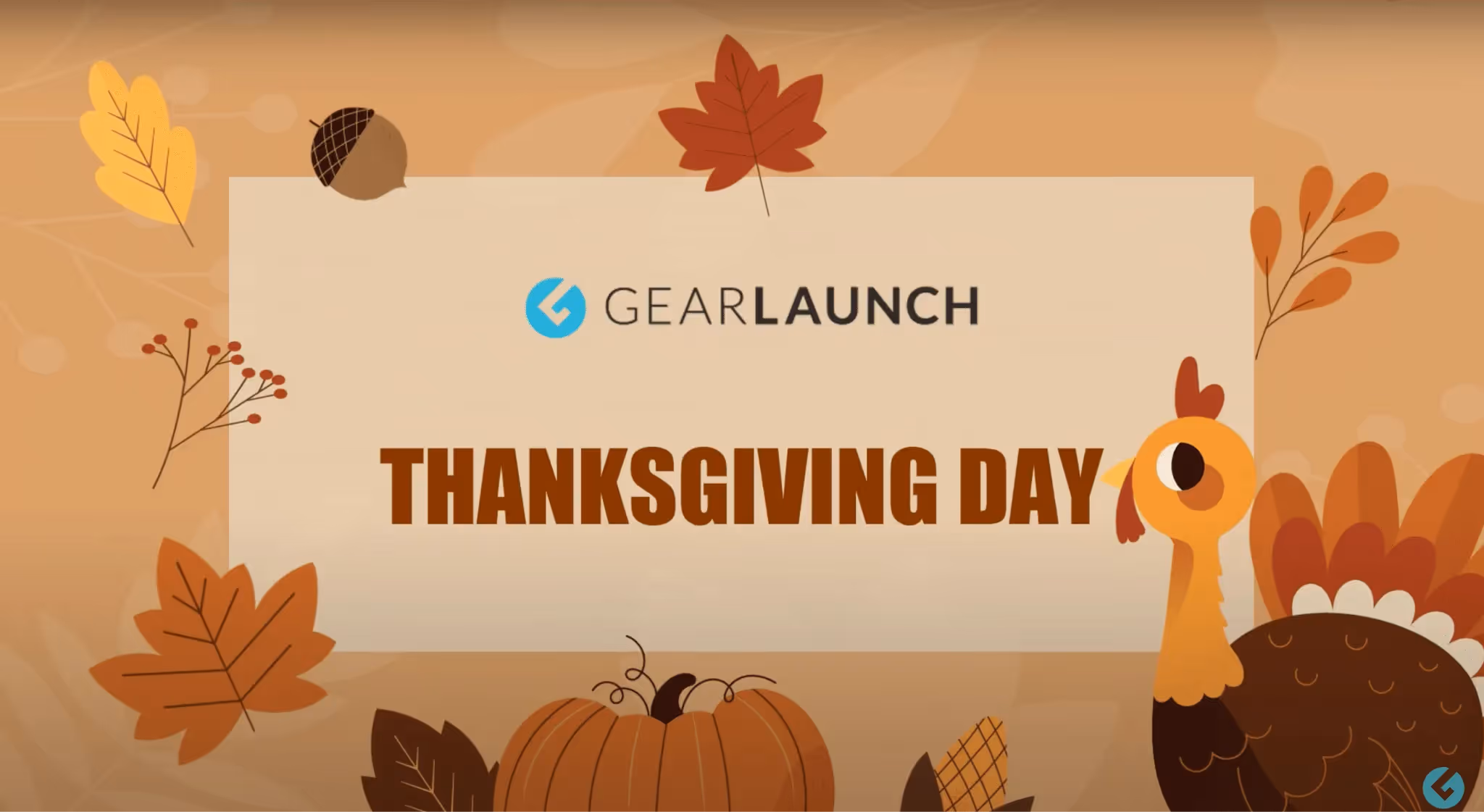 GearLaunch Thanksgiving Day cover with turkey, pumpkin, and autumn leaves design.