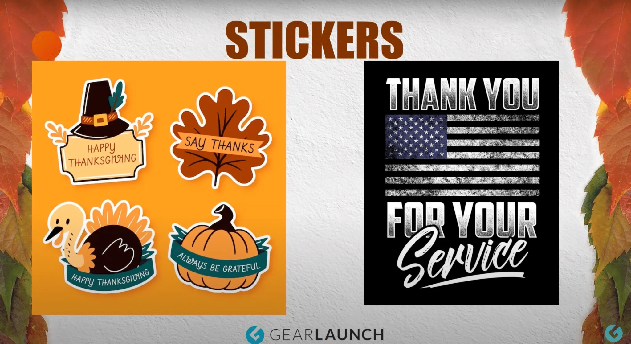 Thanksgiving sticker designs including pumpkins, turkey, and gratitude messages.