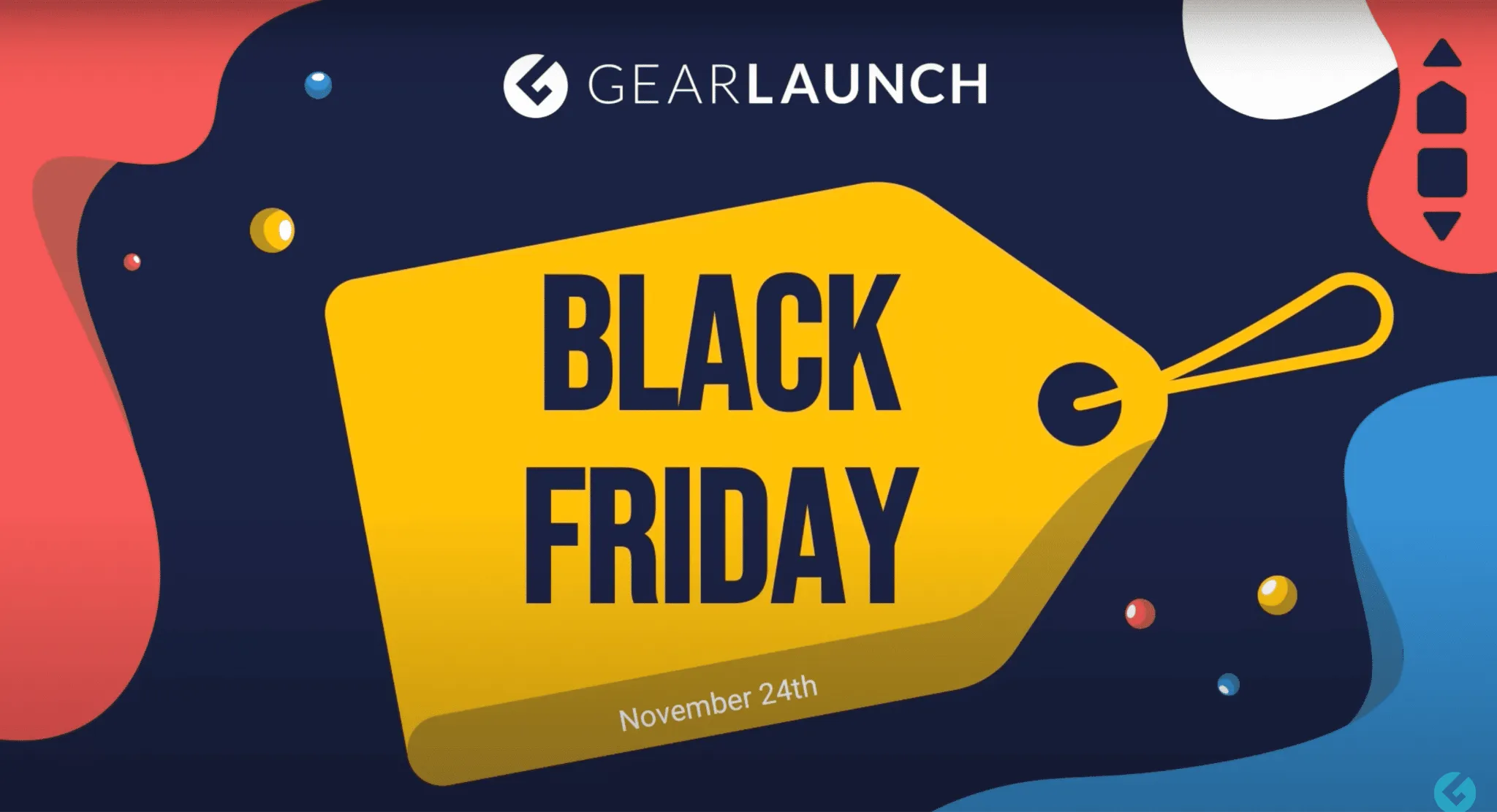 GearLaunch Black Friday slide with bold yellow price tag illustration and date November 24.