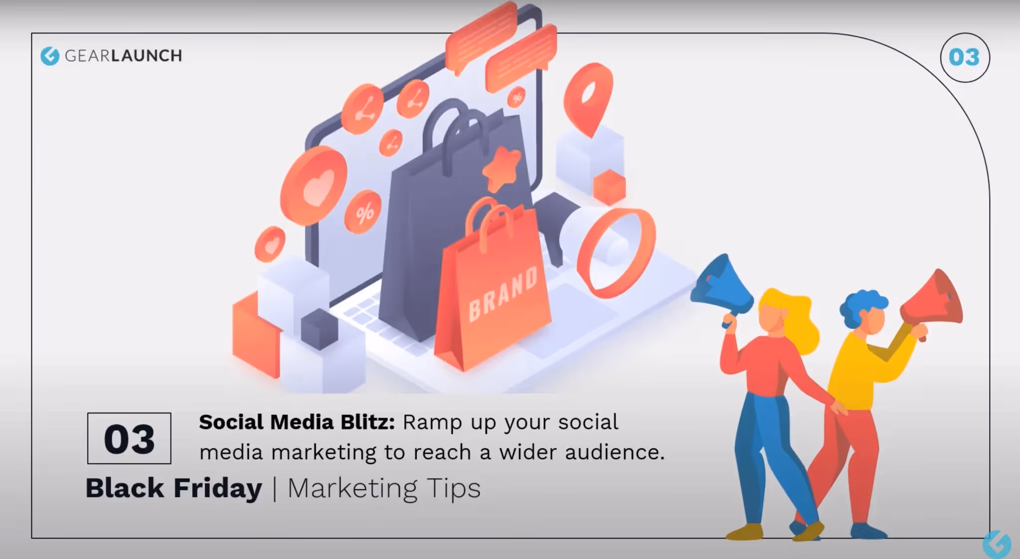 Black Friday marketing slide showing social media icons, shopping bag with brand text, and illustrated people using megaphones