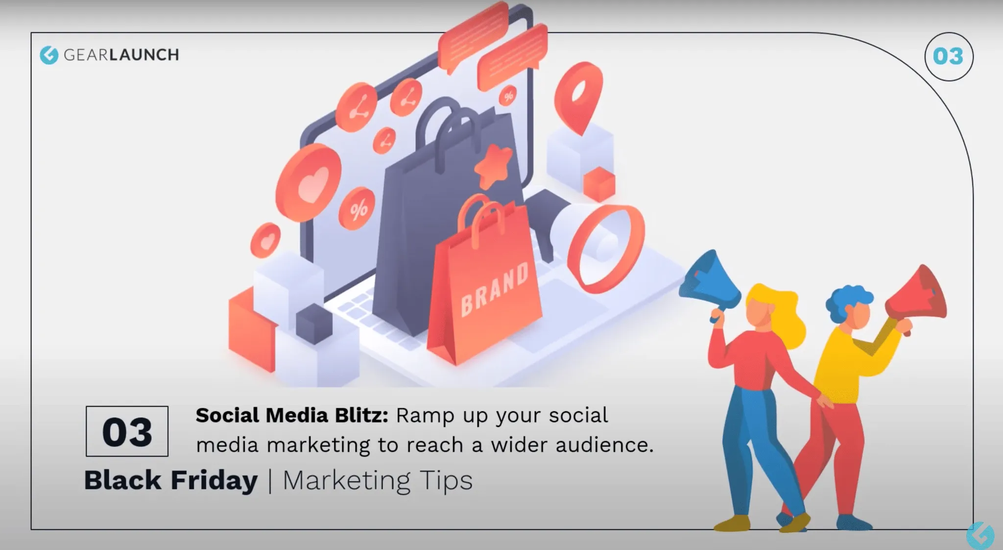 Black Friday marketing slide showing social media icons, shopping bag with brand text, and illustrated people using megaphones