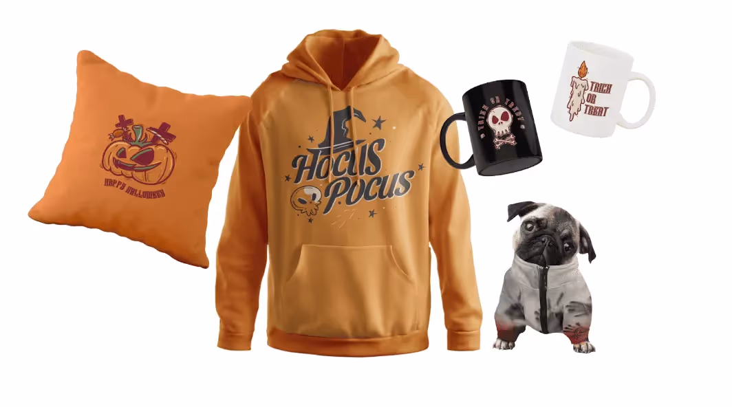 Halloween POD collection with hoodie, pillow, mugs and pet costume – perfect for World Animal Day and Halloween sales
