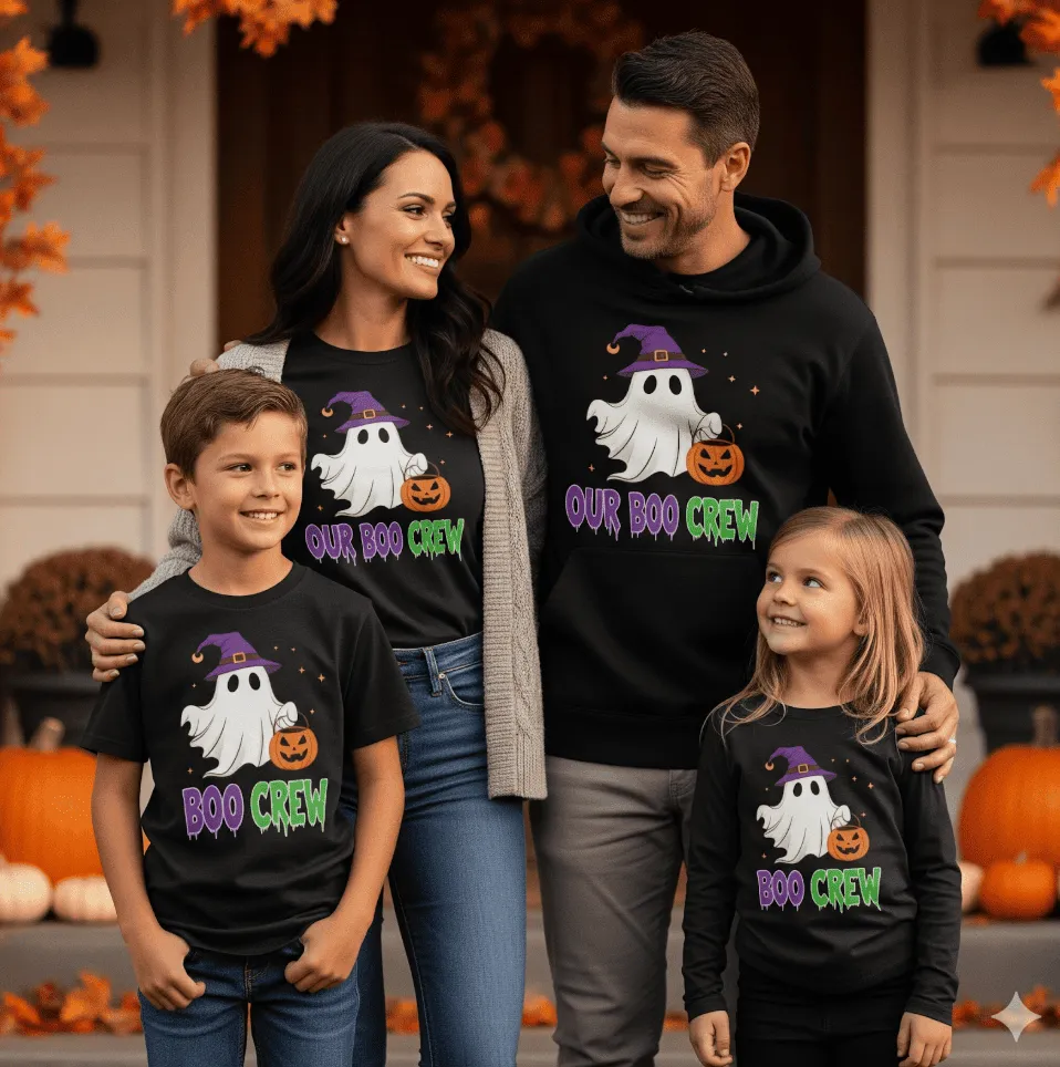 Family wearing matching ghost-themed POD shirts and hoodies for Halloween 2025