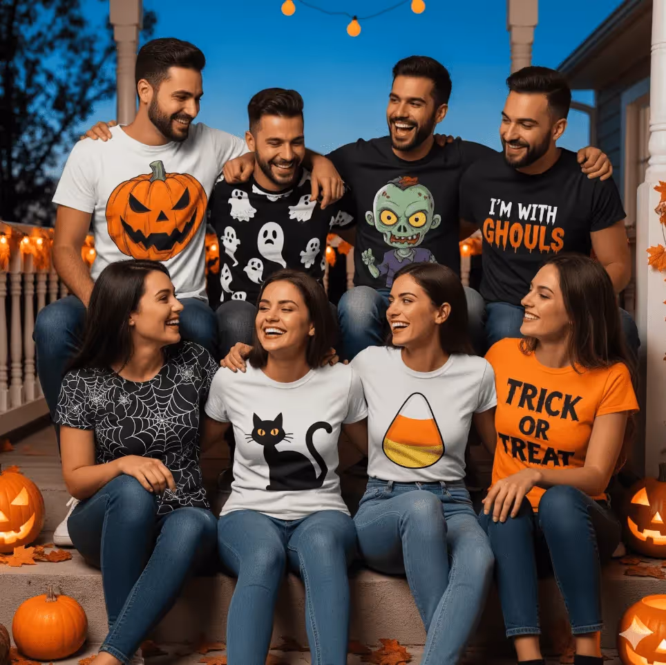 Group of friends wearing Halloween POD t-shirts with pumpkin, ghost, black cat and trick or treat designs – October 2025 print-on-demand trends