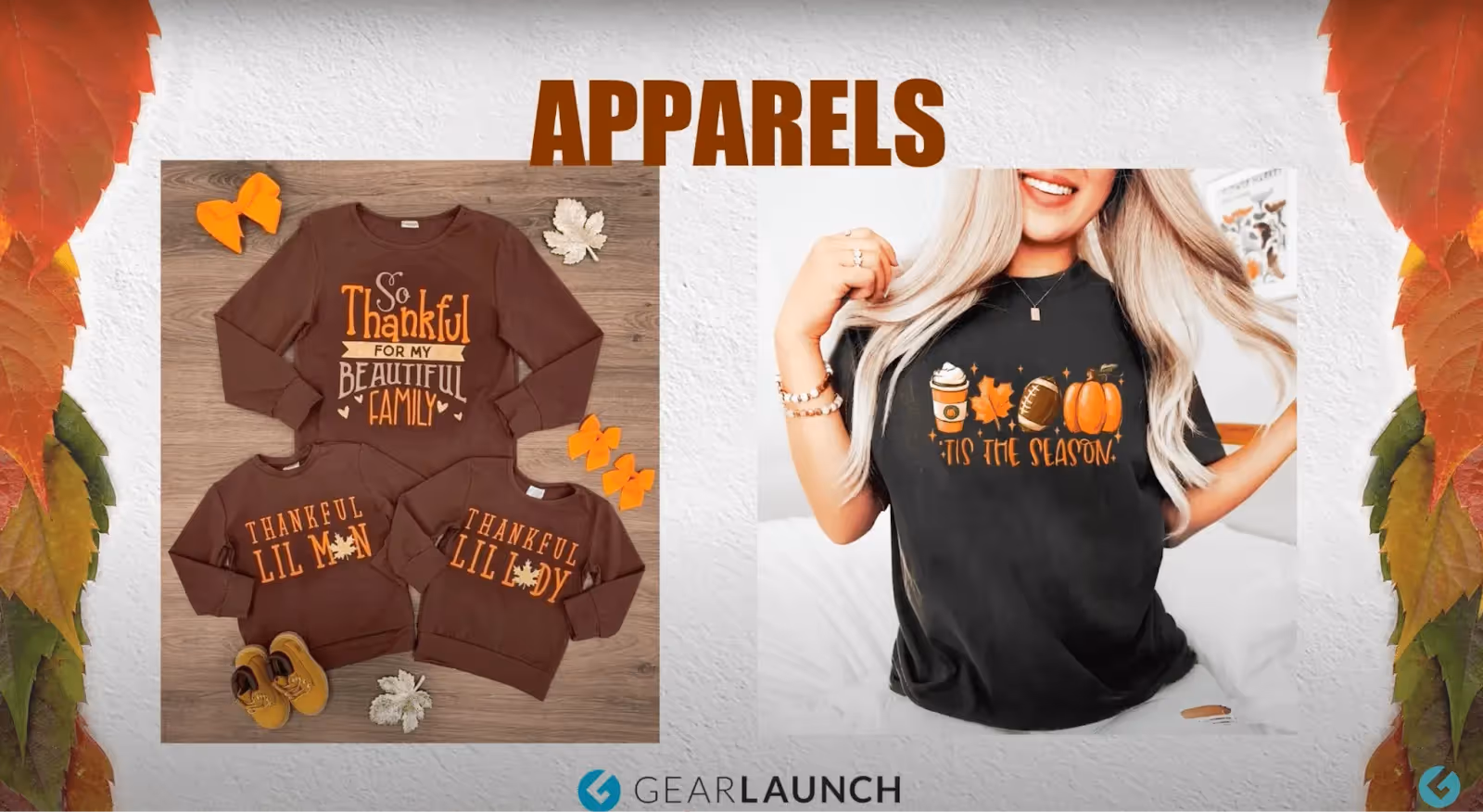 Custom POD fall apparel including family matching sweatshirts and a seasonal t-shirt, perfect for cold weather print-on-demand sales.