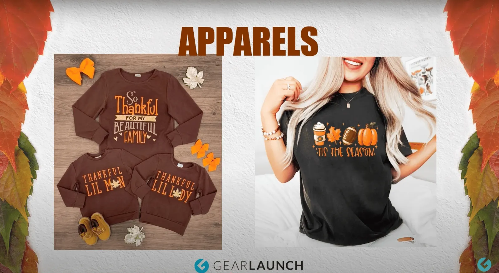 Custom POD fall apparel including family matching sweatshirts and a seasonal t-shirt, perfect for cold weather print-on-demand sales.