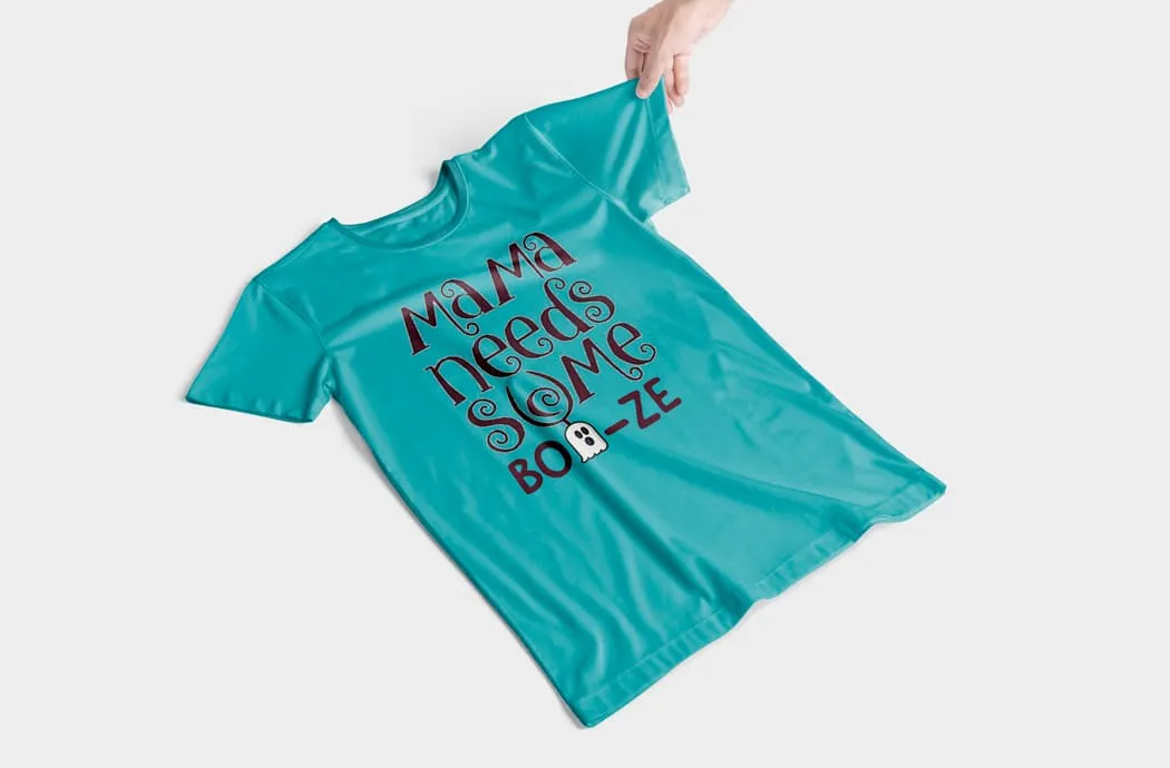 Halloween mom life t-shirt design with funny “Mama Needs Some Boo-ze” text for POD sellers