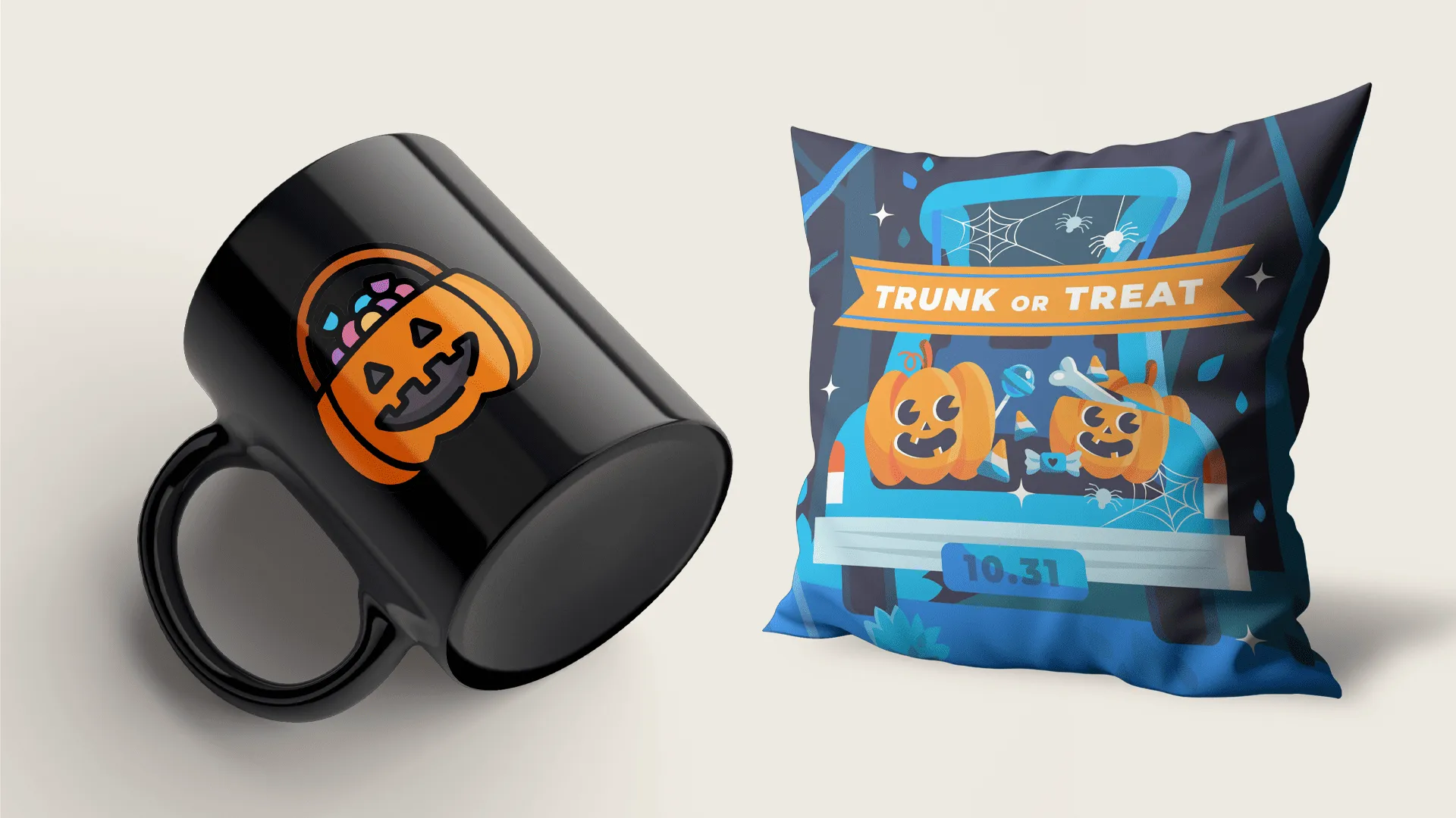 Pumpkin mug and Trunk or Treat pillow – top-selling Halloween POD designs for fall season