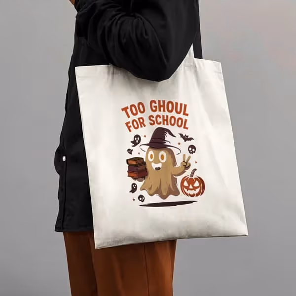 Teacher Halloween tote bag design with ghost and pumpkin graphic – popular POD idea