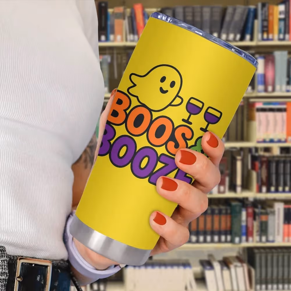 Halloween wine tumbler design with cute ghost and text “Boos and Booze