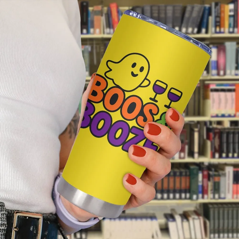 Halloween wine tumbler design with cute ghost and text “Boos and Booze