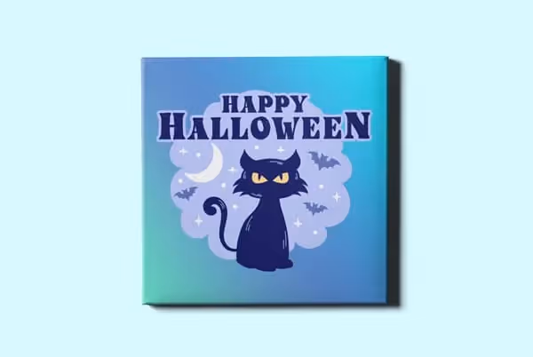 Cute Halloween cat wall art – black cat with bats and moon print for POD