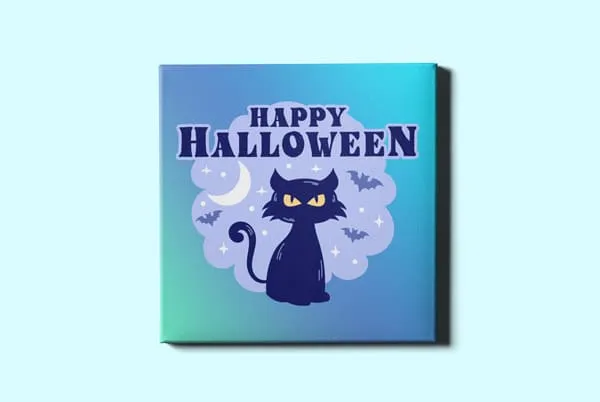 Cute Halloween cat wall art – black cat with bats and moon print for POD