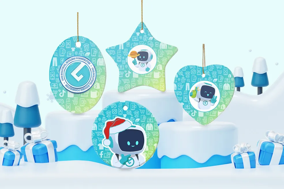 Colorful ceramic ornaments featuring festive characters such as Santa, an astronaut, and a reindeer, hanging against a snowy backdrop with gift boxes, perfect for holiday decor.