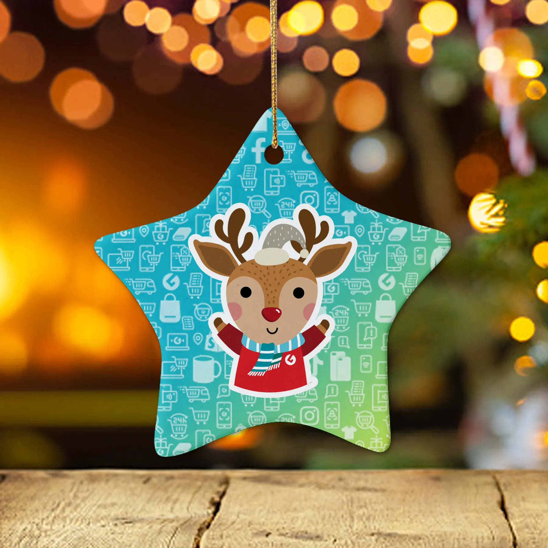 Ceramic star-shaped ornament featuring a cute reindeer in a Christmas sweater, set against a warm, festive background with bokeh lights.