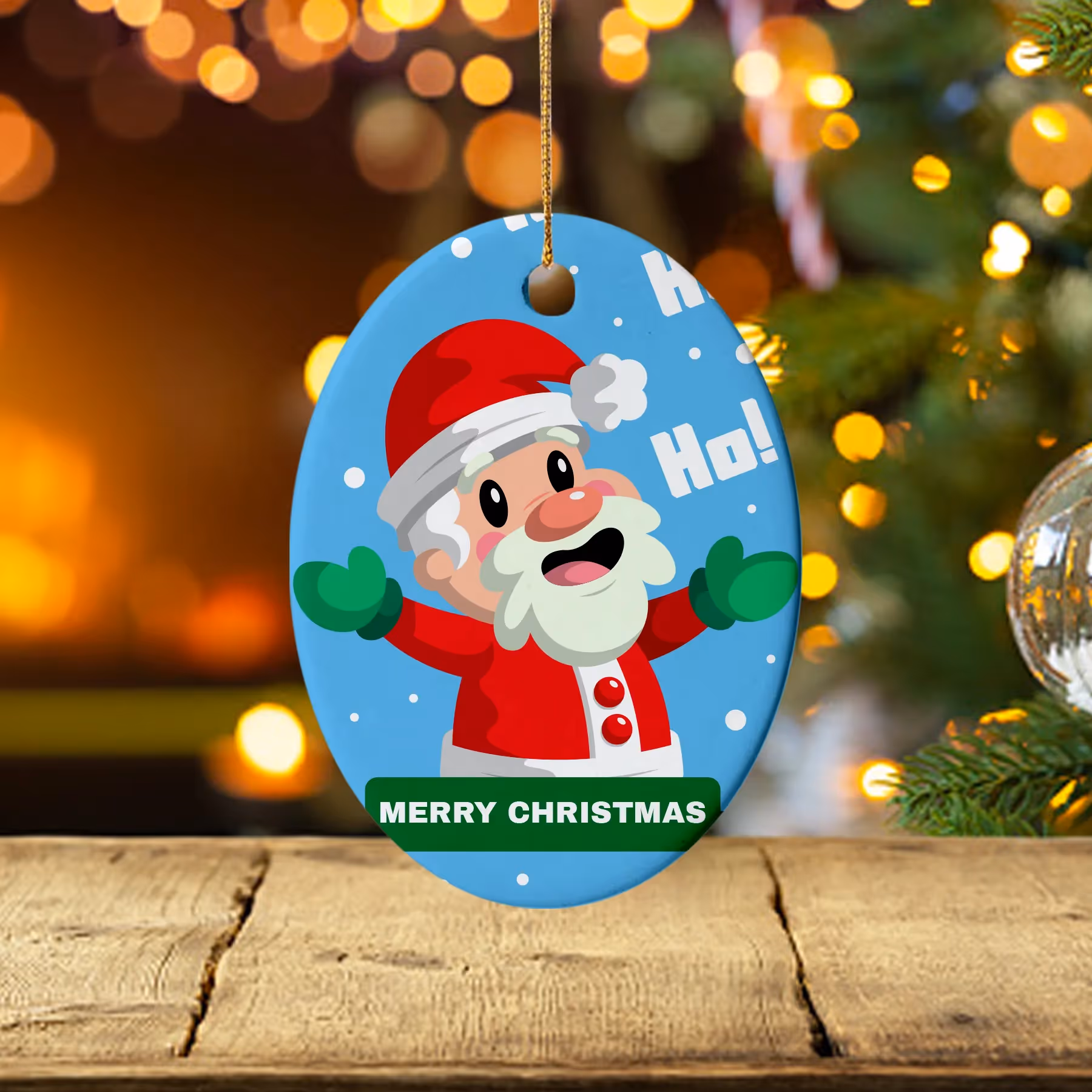 Round ceramic ornament with a jolly Santa Claus design and 'Merry Christmas' text, set against a cozy, glowing fireplace backdrop.