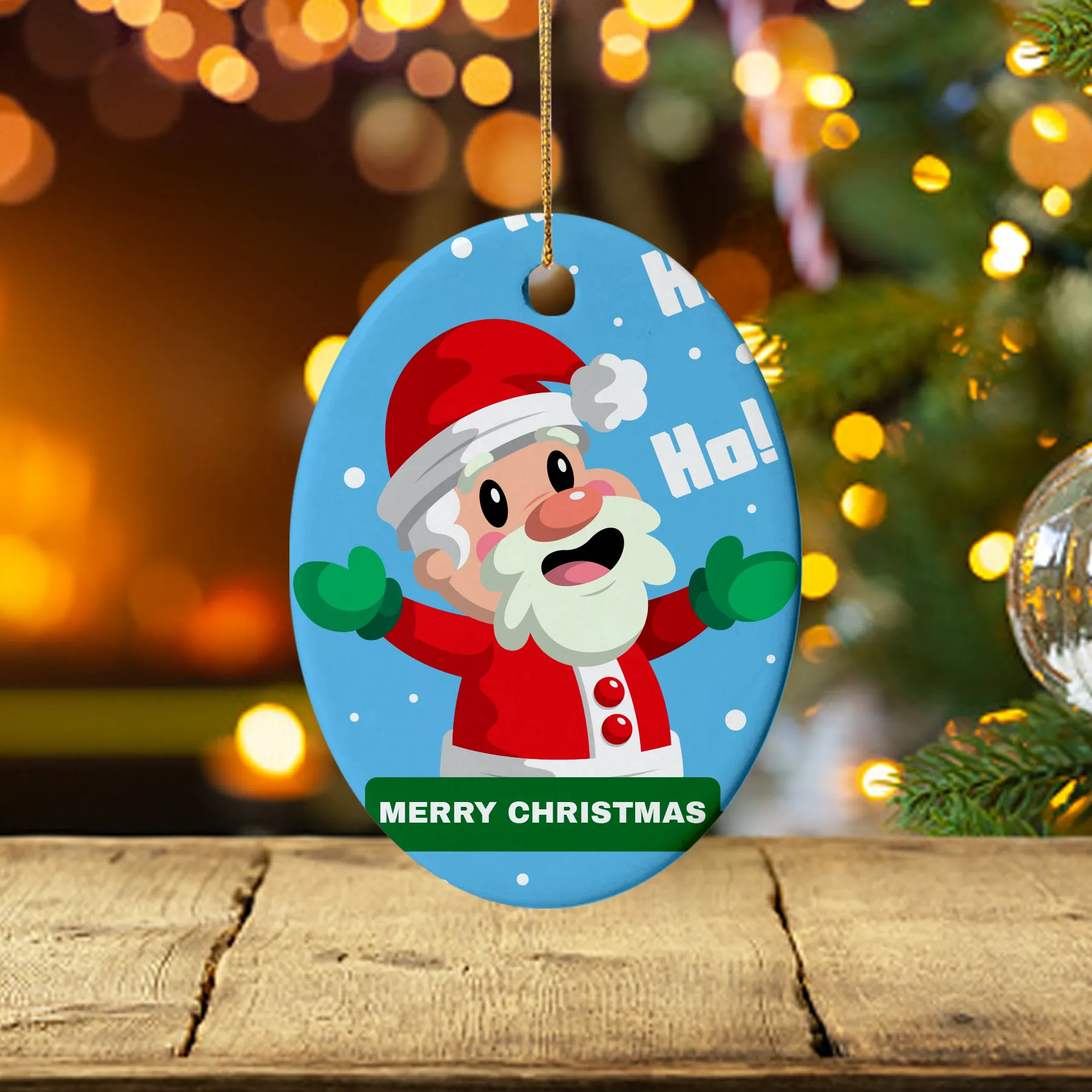 Round ceramic ornament with a jolly Santa Claus design and 'Merry Christmas' text, set against a cozy, glowing fireplace backdrop.