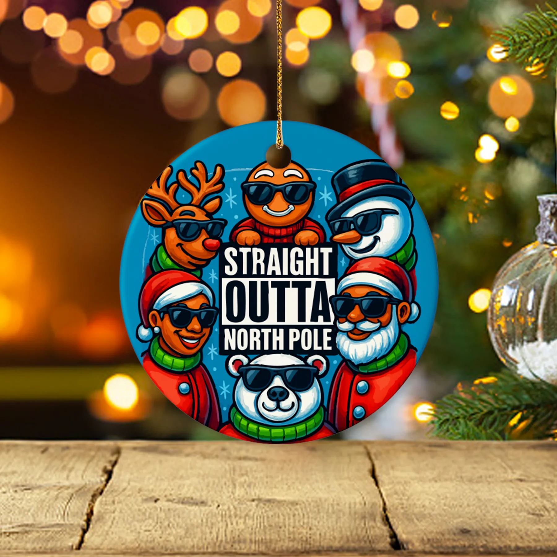 Vibrant, circular ceramic ornament with a festive 'Straight Outta North Pole' design, featuring a group of Santa, reindeer, and polar bear wearing sunglasses