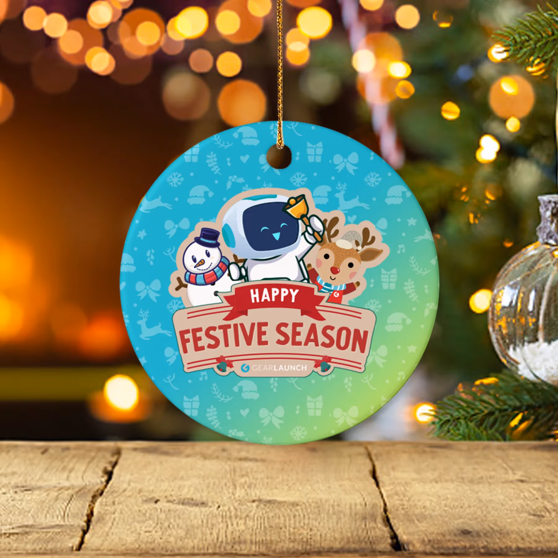 Colorful ceramic ornament with a cheerful design of a snowman, reindeer, and festive text 'Happy Festive Season,' perfect for holiday gifting and decor.