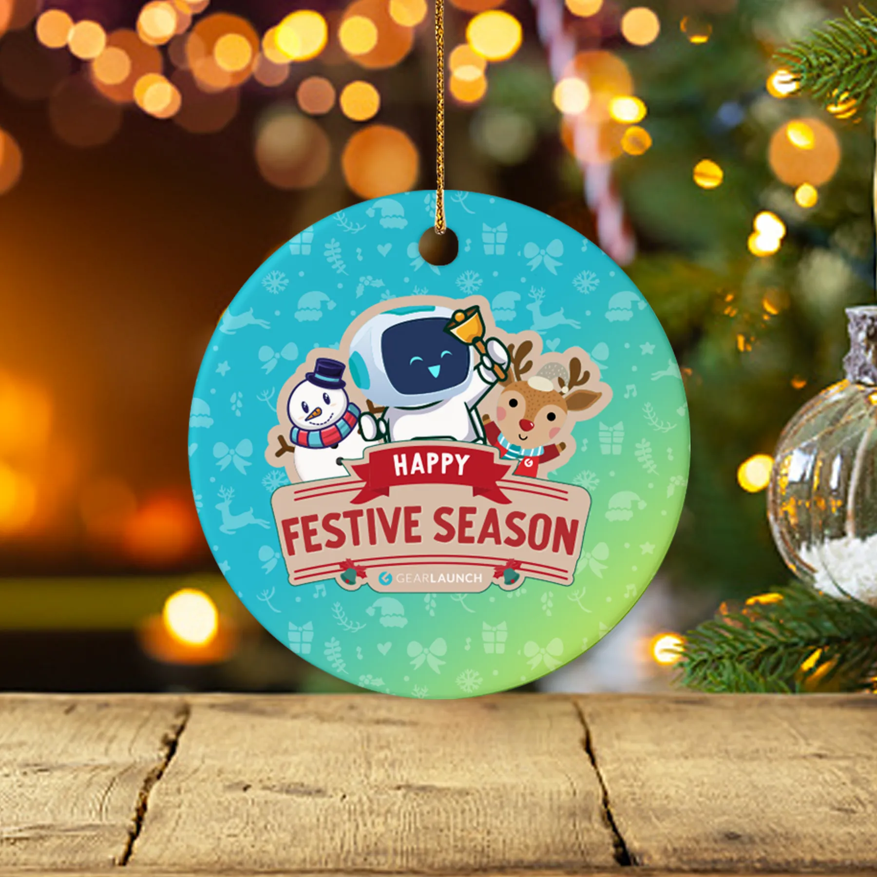 Colorful ceramic ornament with a cheerful design of a snowman, reindeer, and festive text 'Happy Festive Season,' perfect for holiday gifting and decor.