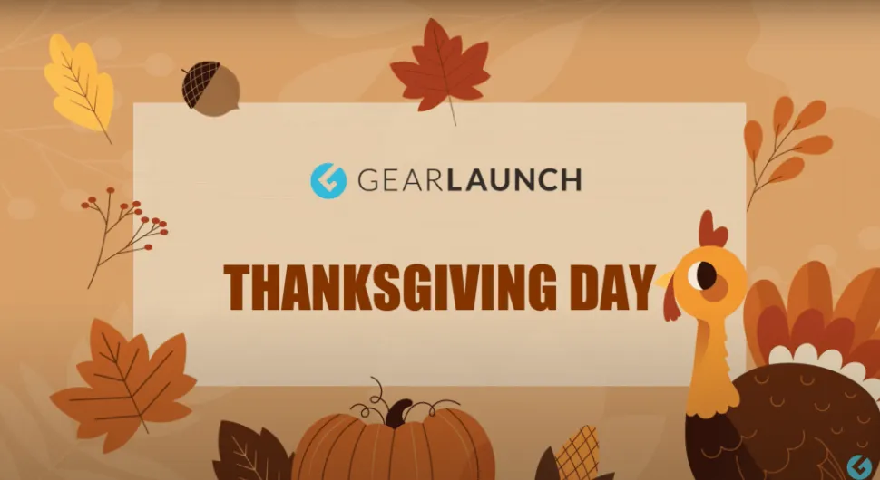 Thanksgiving Day graphic with vibrant autumn leaves and GearLaunch logo, promoting Thanksgiving marketing tips for POD sellers