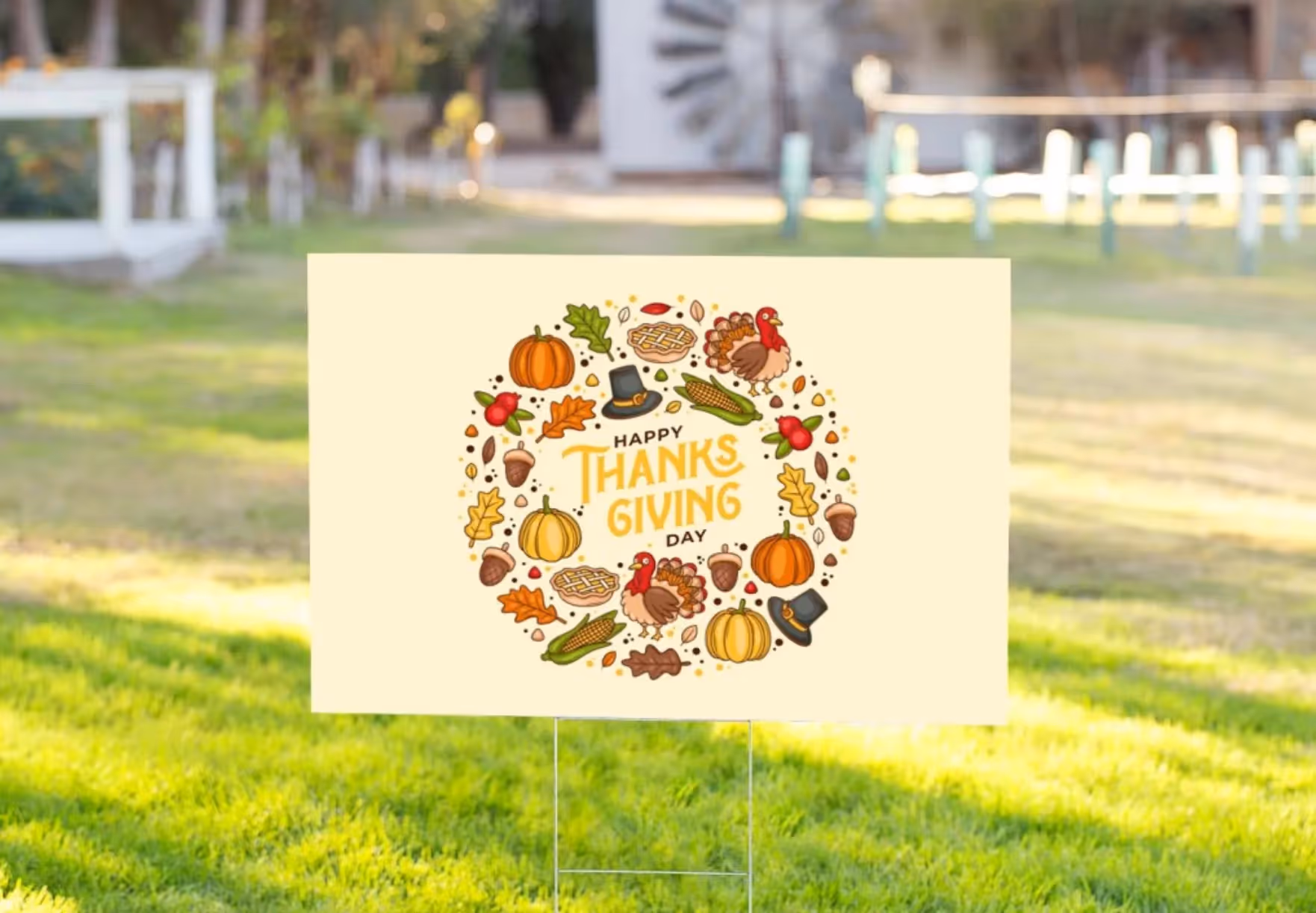 Colorful Thanksgiving yard sign with autumn decorations, celebrating Thanksgiving Day with pumpkins and turkeys.