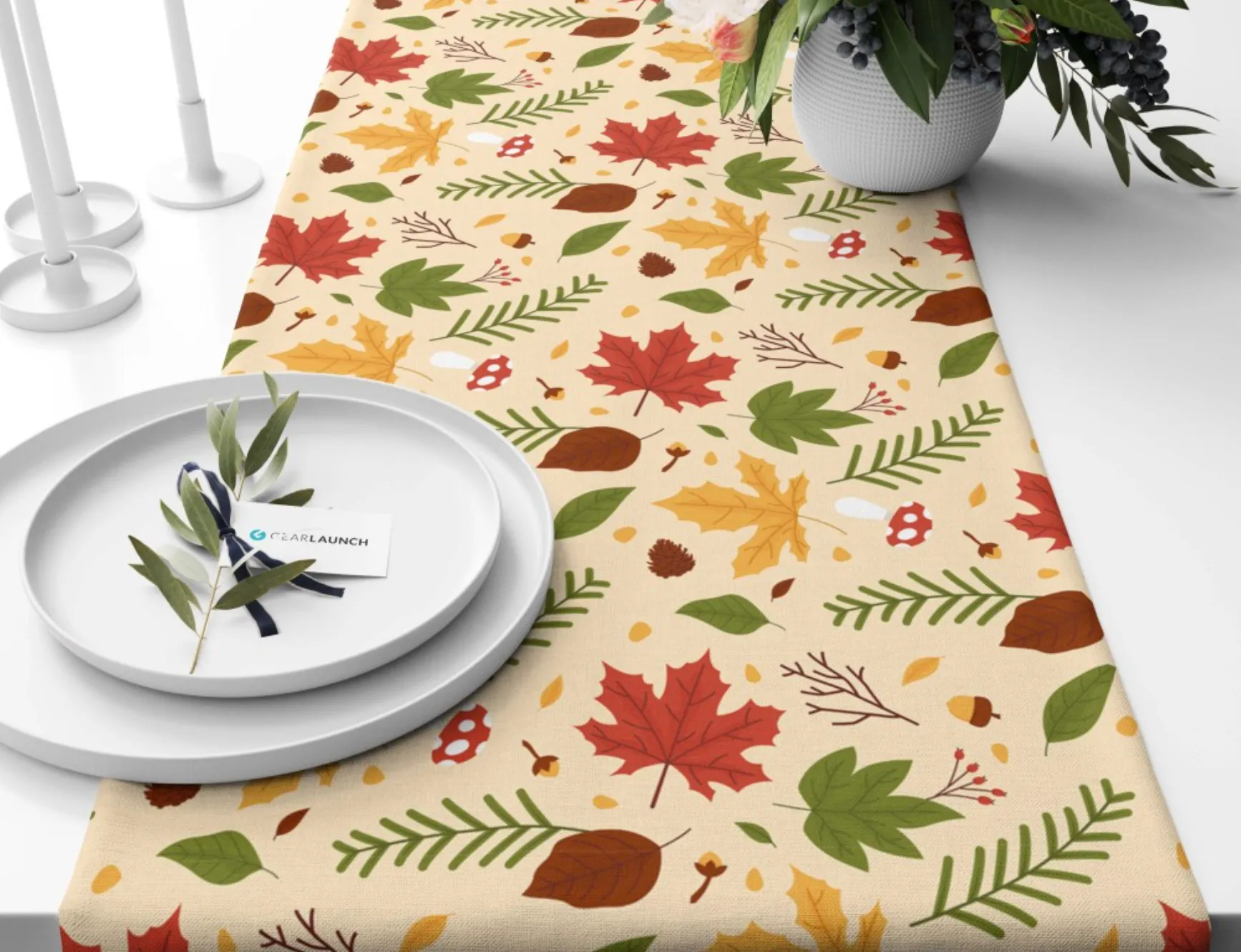 Fall-themed Thanksgiving table runner with autumn leaves design, perfect for creating festive family dinners.