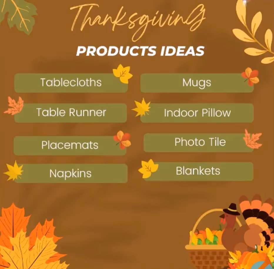 Thanksgiving product ideas for print-on-demand sellers, featuring tablecloths, mugs, napkins, blankets, and more for the holiday season.