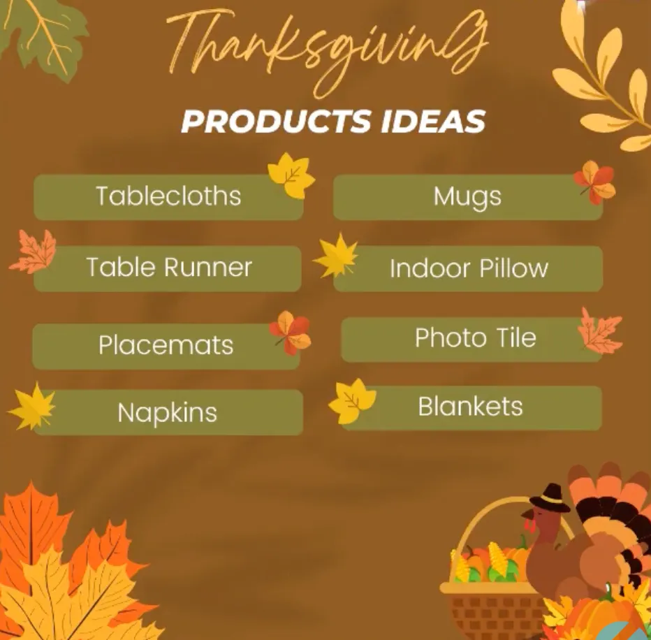Thanksgiving product ideas for print-on-demand sellers, featuring tablecloths, mugs, napkins, blankets, and more for the holiday season.