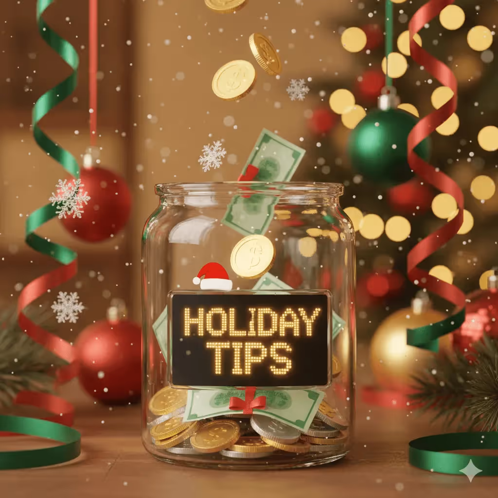 Holiday tips jar with Christmas decorations and dollar bills for sellers