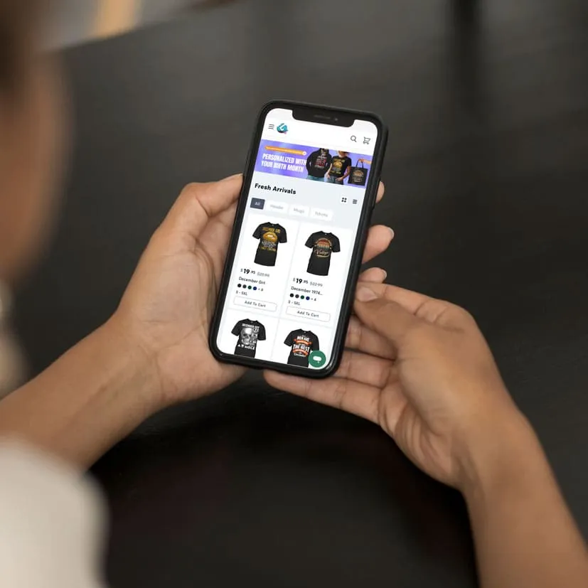 Online store on mobile showing holiday T-shirt sales during Black Friday and Cyber Monday