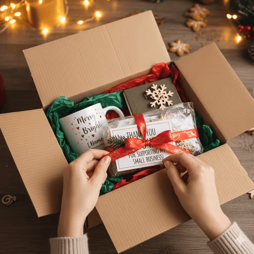 Holiday gift box with personalized mug and thank you card for small business support