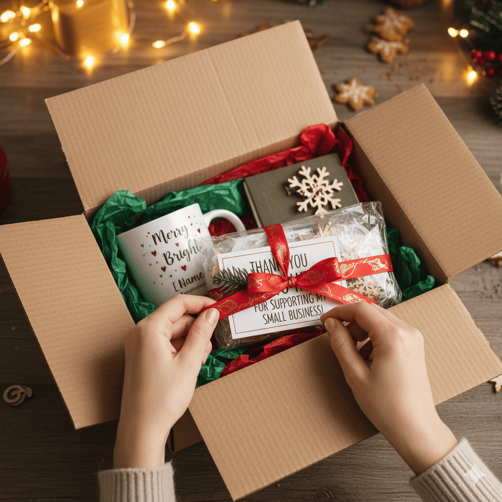 Person opening a Christmas gift box with thank-you note, mug, and festive wrapping—showcasing holiday packaging ideas for small businesses.