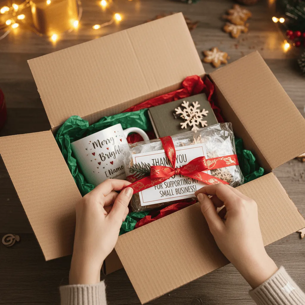 Holiday packaging with thank-you card, mug, and small business gift box — creating a memorable unboxing experience for POD customers.