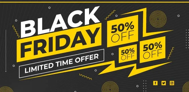 Black Friday limited time offer banner with 50 percent discount promotion