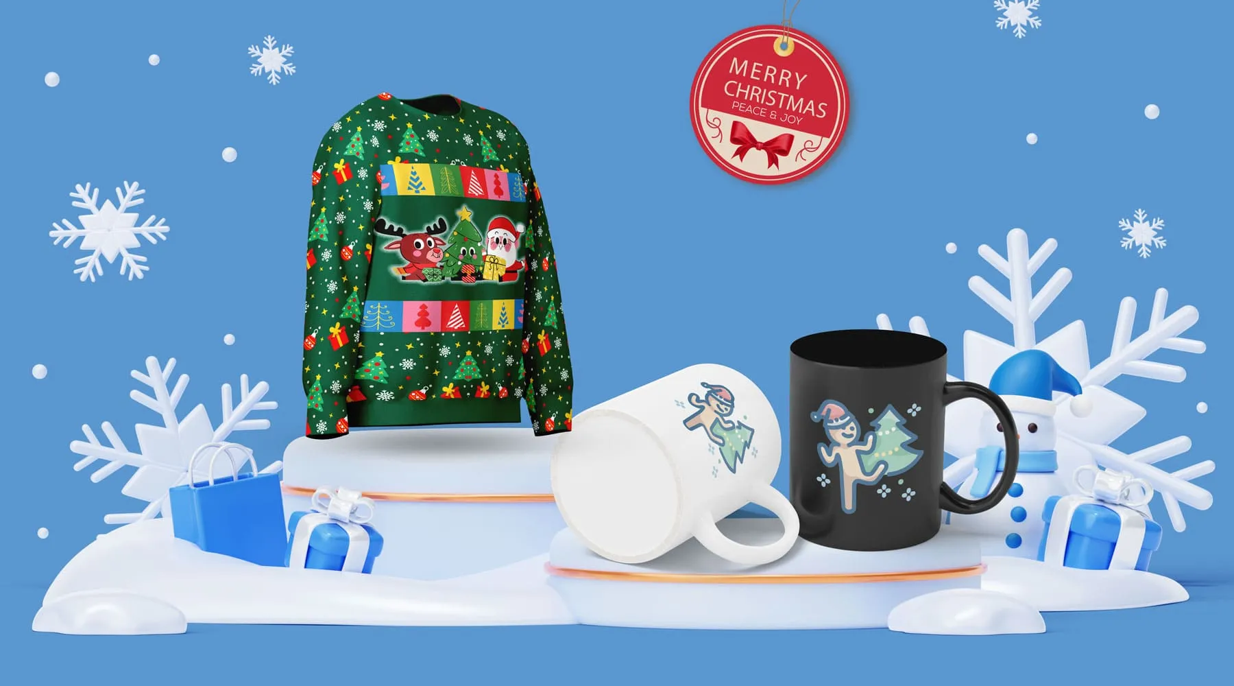 Christmas holiday products including sweater and mugs for seasonal sales