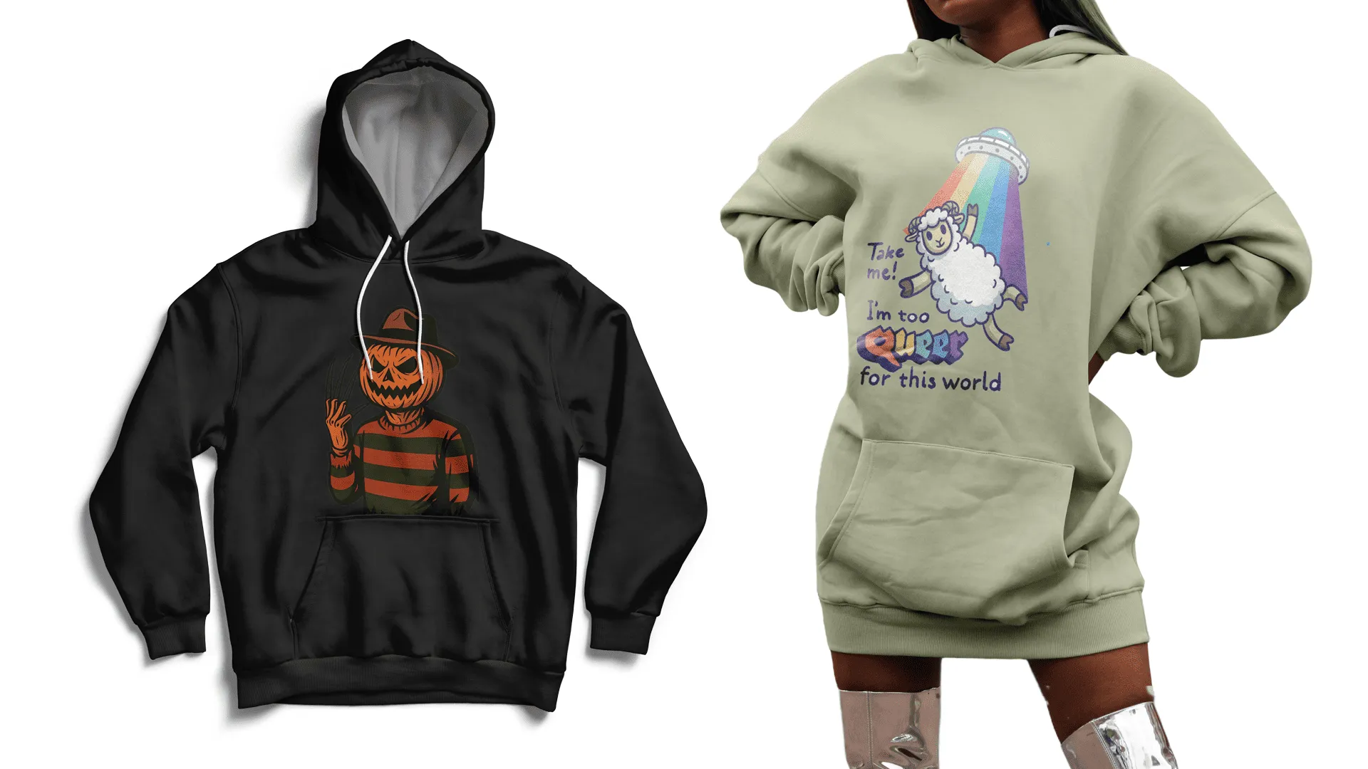 Trendy graphic hoodies with Halloween and pride themes, featuring gothic and inclusive designs trending in 2025.