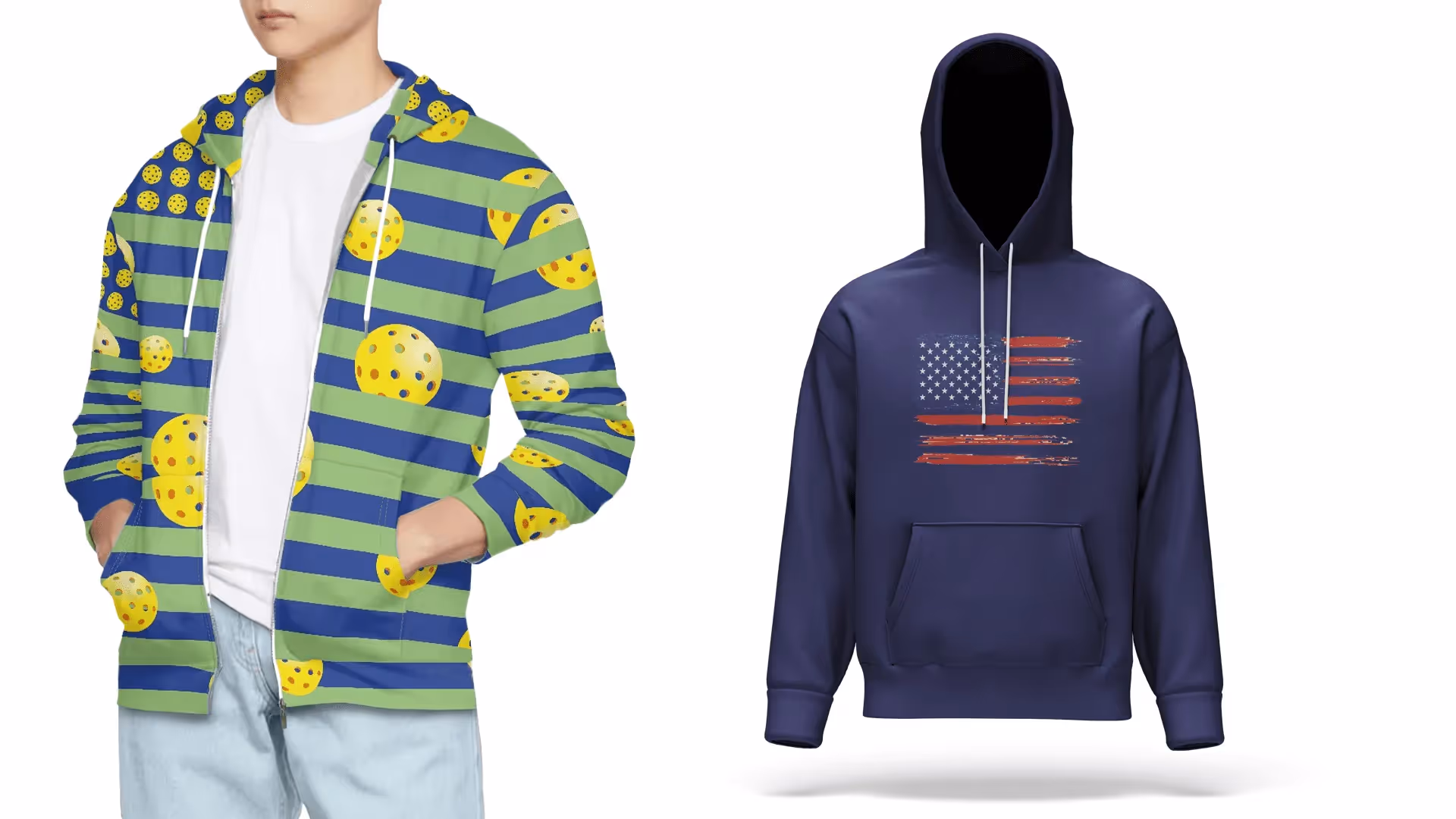 Colorful all-over print zip-up hoodie and navy pullover hoodie with American flag design, representing popular POD hoodie styles for 2025.