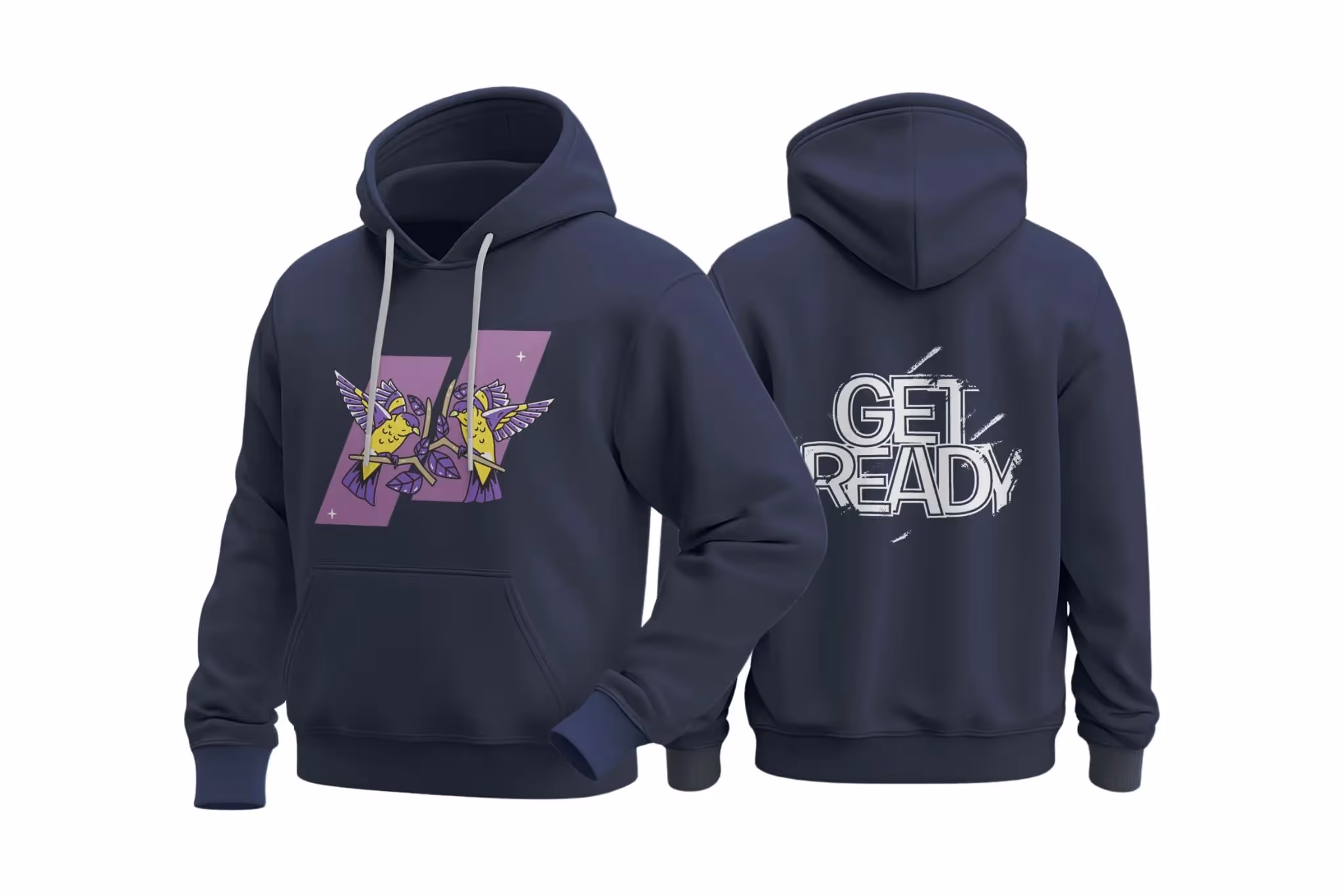 Navy hoodie featuring modern abstract design on front and ‘Get Ready’ graphic on back, illustrating artistic and bold hoodie trends.