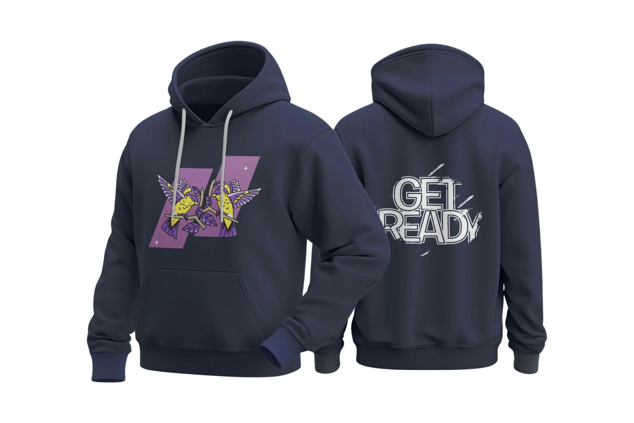 Navy hoodie featuring modern abstract design on front and ‘Get Ready’ graphic on back, illustrating artistic and bold hoodie trends.